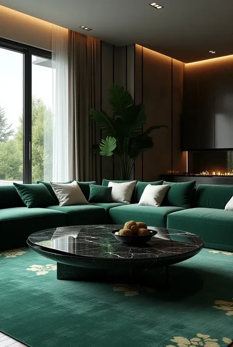 Professional 3d architecture rendering design of modern and minimal and high tech design for elegant and luxurious living room with elegant black middle table  that made with glassy crystal and sofa  similar kv fruit  green  color and dark sacramento green...