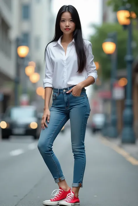 Beautiful Thai girl, long straight hair, white shirt, jeans, jeans, red Convades shoes, standing on the street in the city