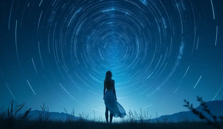  The whole place is full of blue light  , Long exposure photography、 starry sky with many circular orbits , Focus on the stars ,  A figure of a young Russian woman with long blond hair is staring at the stars,   Wears a White See-Through Dress,   looking u...