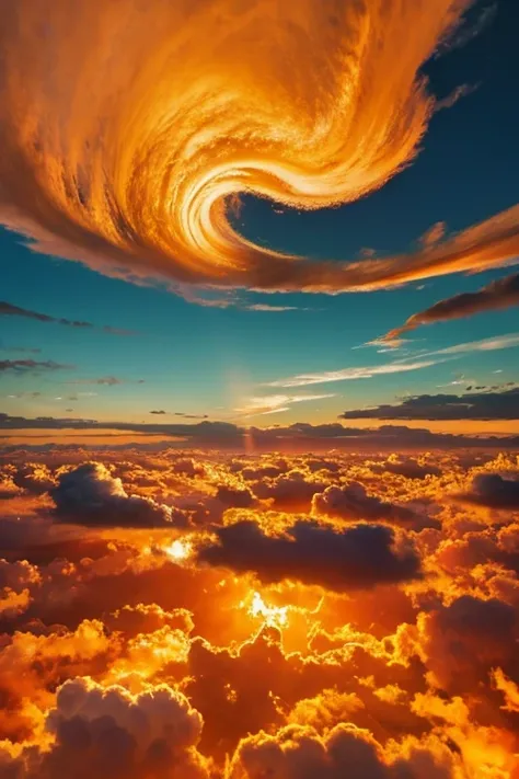  clouds swirling through the vast sky with warm brown colors 。The color is orange 、yellow、Draw 、 Make the clouds form a large vortex towards the center 、 make you feel movement and energy 。 add 2 small figures that appear to be flying or floating in the cl...