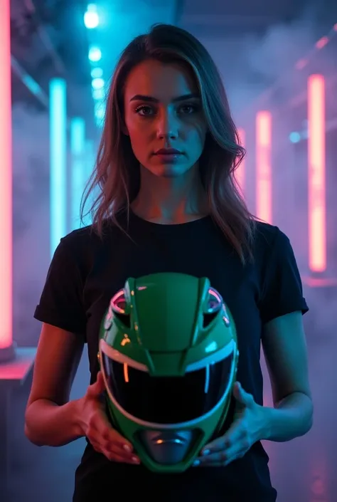 woman in a black short-sleeved t-shirt holding a green power ranger helmet with both hands, In the place there are neon lights and colored smoke 