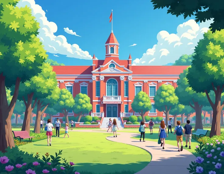 Background of the front of a school behind a park, Lively and colorful