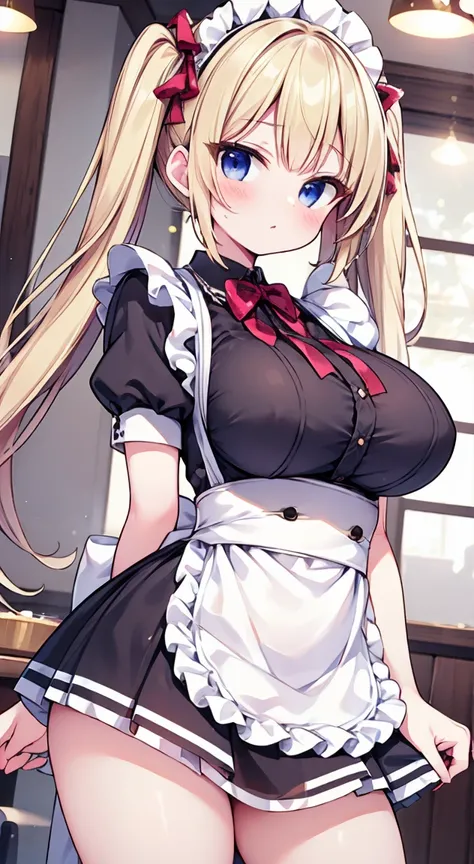 Best Quality,Maid Cafe,Blonde, Twin Tails, big breasts at the temple, miniskirt,