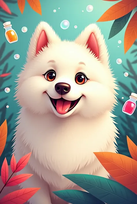 A cute Samoyed , comic style,  close up of the face , portrait, furry, brown nose, leaves, No Man, Water, ampoules , Bubbles, More details,  saturated colors ,  charming smile ,  The best quality, 8K, high saturation