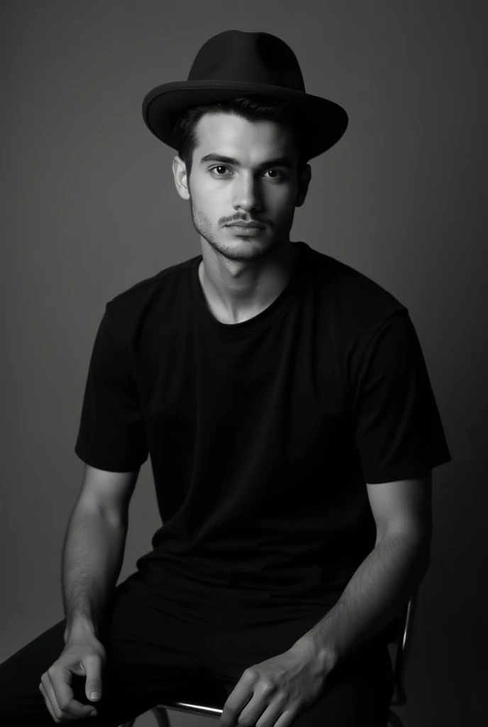 A handsome man sat on a chair who is 19 years old. He has some moustache. Colour is black white. He has a tupi (hat).he wears a black T-shirt.