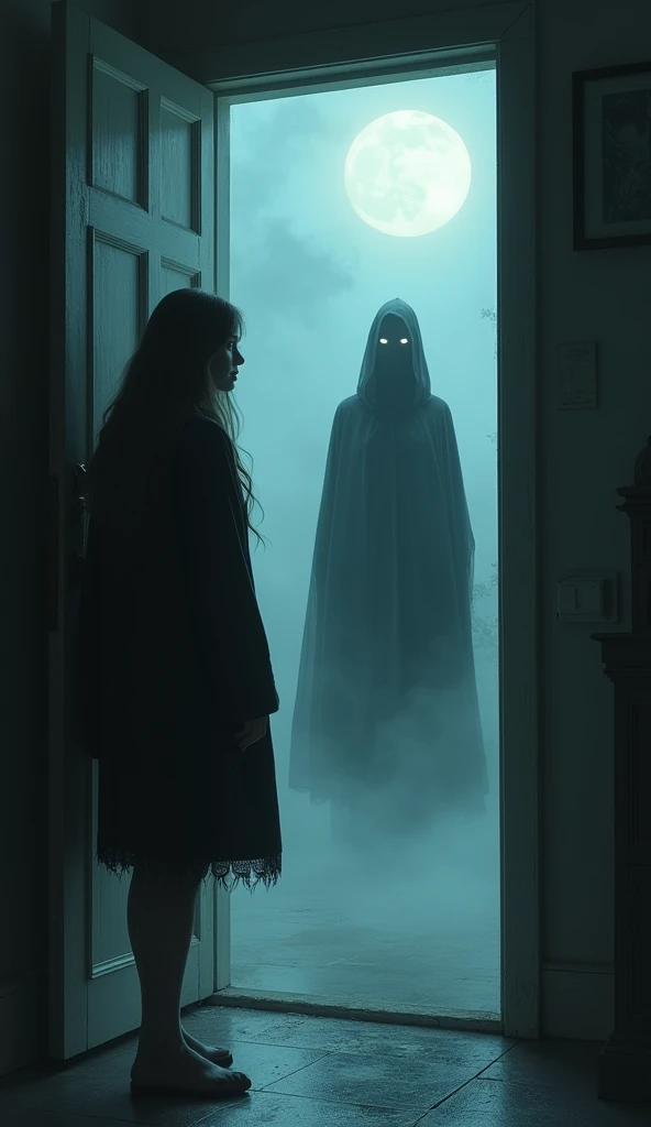 The girl standing at the half-opened door, her face partially lit by moonlight. Outside, a swirling mist obscures most of the view, but a dark, indistinct figure stands in the shadow. The figure is tall, faceless, and cloaked in black, with no discernible ...