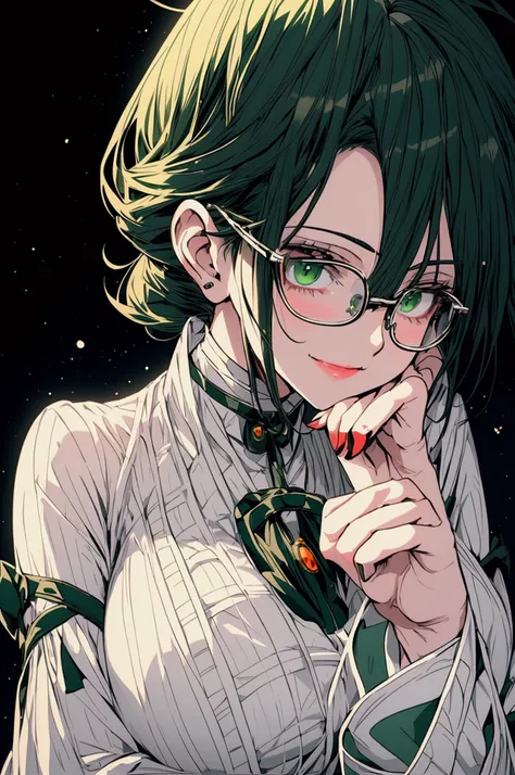 Create a detailed anime illustration of a mature woman with short dark green hair, intelligent bright green eyes with black round glasses, sharp chin, slender and lithe body with curves, complemented by her large breasts, dressed in a white lab coat, lips ...