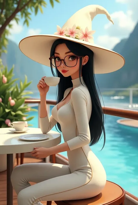  A girl in her 30s , with long hair, black and smooth,  black eyes , slender body, sexy, thin red lips ,  kitten-shaped crystalline glasses with beige border , wearing a white tracksuit ,  pointed white witch hat with flowers and white sneakers ,  having c...