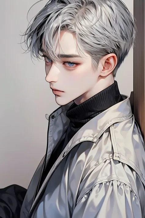 masterpiece, best quality, detailed eyes, high quaility, 1 male, male, 1 boy, gentle, soft, handsome, tall,  gray colored hair, ...