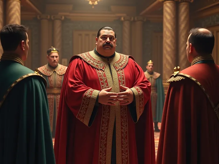 The fat king with a mustache dressed elegantly in red with a serious expression talking to some guards
