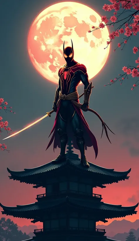 "Imagine the Web Warrior of Japan, a Spider-Man hybrid with a samurai-inspired look. His suit is a sleek mix of deep crimson and black with golden accents, adorned with Japanese wave and cherry blossom motifs. His mask resembles a samurai kabuto, with narr...