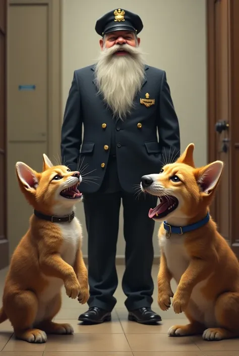 Two cat one dog laughing and one security guard with long beard 
