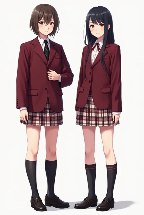 photorealism: create a university uniform for boys and girls separate. color maroon without logo on it. above the knee skirt checkered white and maroon for girls and high socks black and maroon tuxedo for boys with black necktie. make it png because i will...