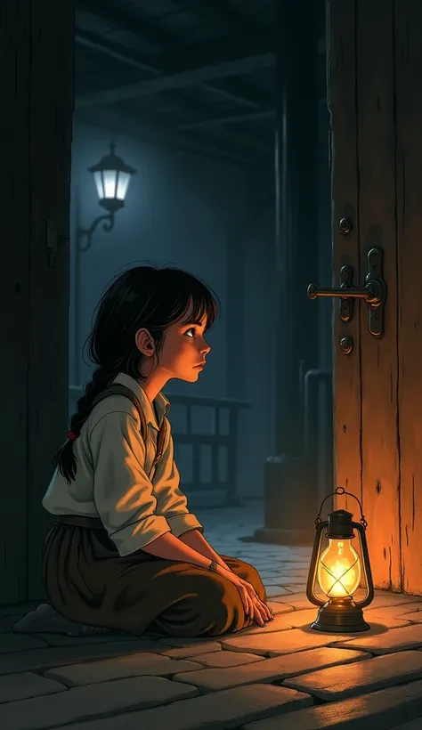 A young girl with determined eyes and a slightly trembling hand, sitting in a dimly lit room. She is dressed in simple, traditional village attire. The room is filled with shadows, with a lantern casting flickering light on the walls. Her expression is a m...