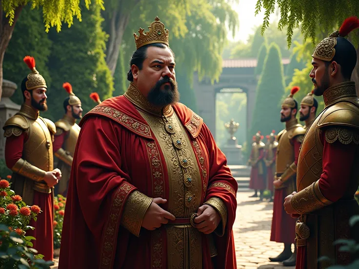 The fat and mustachioed king dressed elegantly in red with a serious expression talking to guards in a garden
