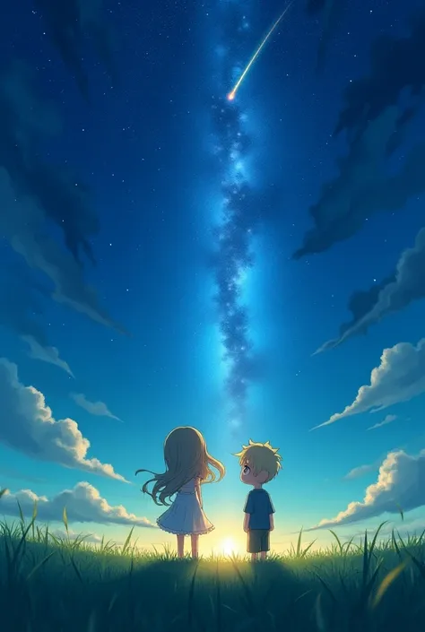 A anime girl with boy  stand in a grass ground look at the sky ,sky was night and seeing milky wa galaxy, and a star was brak, sky was very colour full 