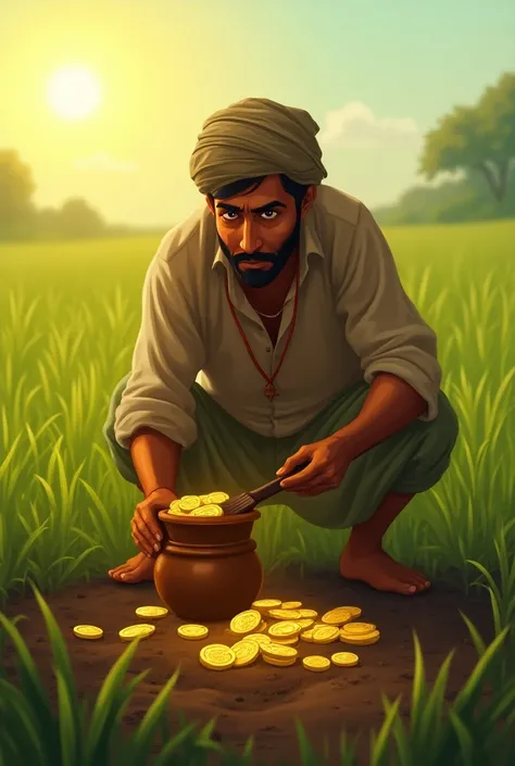 



Heres a detailed prompt for each scene in English, describing the characters, their characteristics, and the scenes:

Mohan Finds the Pot: kept mohan as previous same because he is single character 
One day, Mohan is ploughing in his green fields under...