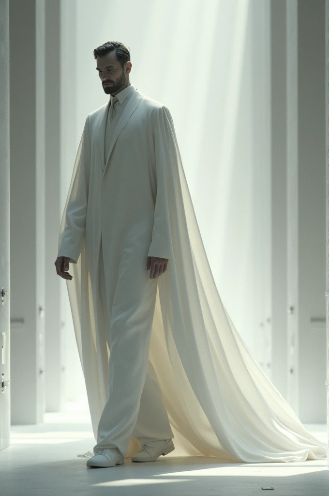 A tall man in a white gown walks in