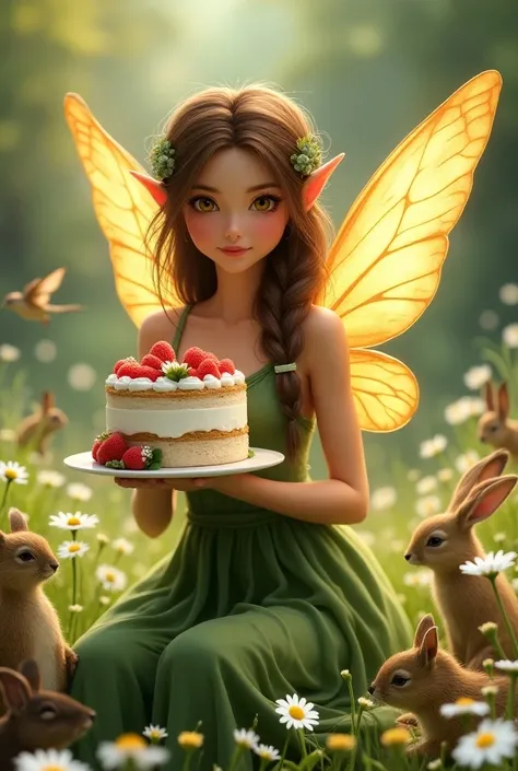 A beautiful adult woman fairy, she has messy long flowing brown hair, she has a few small braids throughout her hair, she has a pointy elf ears, she has brown eyes, she has a closed mouth smile, she has big beautiful golden butterfly wings that are proport...