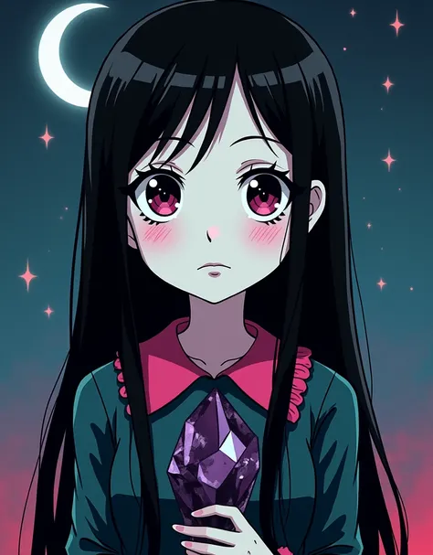 an anime portrait of a wednesday addams, moon images, celestial, bold outlines, flat colors, dark pink, dark aquamarine, gothic illustration, gemstone, cute, 1girl, detailed eyes, detailed lips, long eyelashes, serious expression, pale skin, black hair, bl...