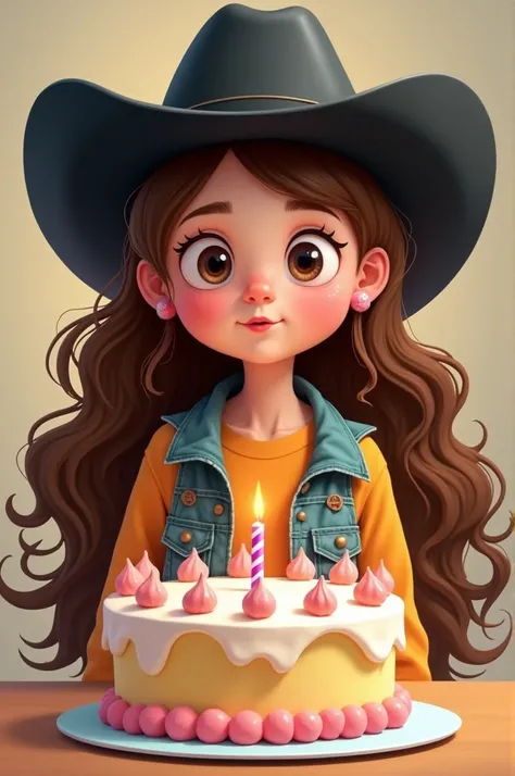   You can make a cartoonish image of a girl in goofy clothes wearing a black cowboy hat with long hair, curly and brown , with brown eyes and white skin  ,  With a cake that says happy birthday Kheilly  