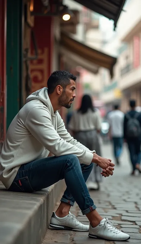 Imagine this: **Cristiano Ronaldo**, not in a luxurious dressing room or a football stadium, but sitting casually on the side of a bustling **raw market** street. The scene is vibrant, chaotic, and full of life—a far cry from the high-end training grounds ...