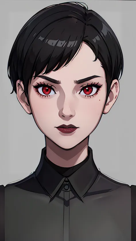 1 girl, very short hair, tomboy pixie haircut, black hair, red eyes, black lipstick, black lipstick, face portrait, black choker...