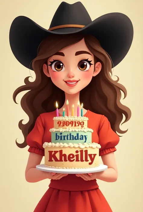  You can make a cartoonish image of a girl in a red dress and black cowboy hat with long hair, curly and brown , with brown eyes and white skin  ,  With a cake that says happy birthday Kheilly  