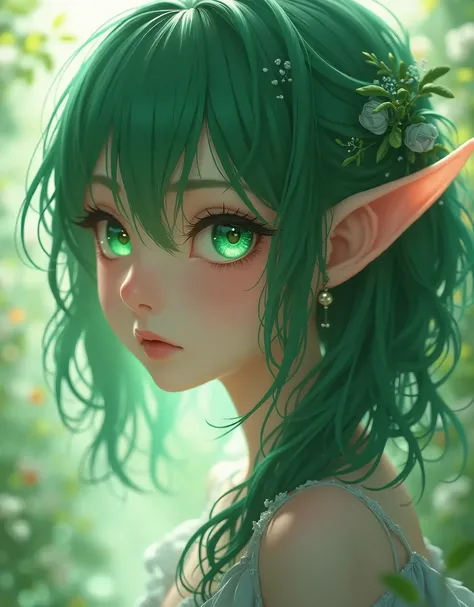 Leina, Anime,anime deviation, animated, anime elf ears girl, green hair and resplendant green eyes, colorful iridescent, aesthetic, osyare kei, mori kei, The Glitter of Gemstones, Pretty and delicate and beautiful, elf ears, painting, The Aesthetics of Han...