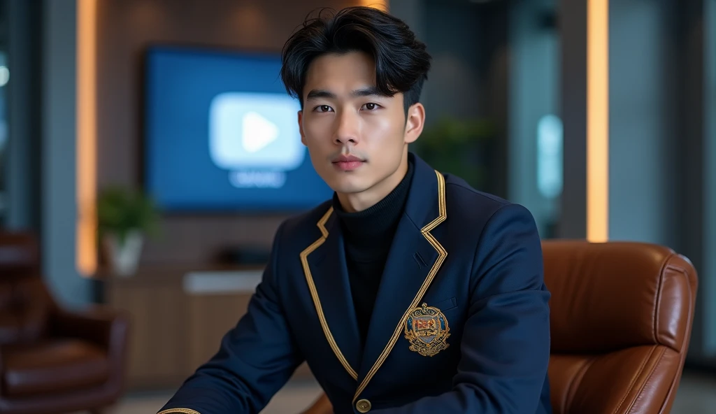 Create a young Korean model with fair skin and black eyes, with black hair, a well-groomed appearance, and big muscles. He has a confident expression and wears a stylish school uniform with a navy jacket and a white shirt, paired with a gold tie. The jacke...