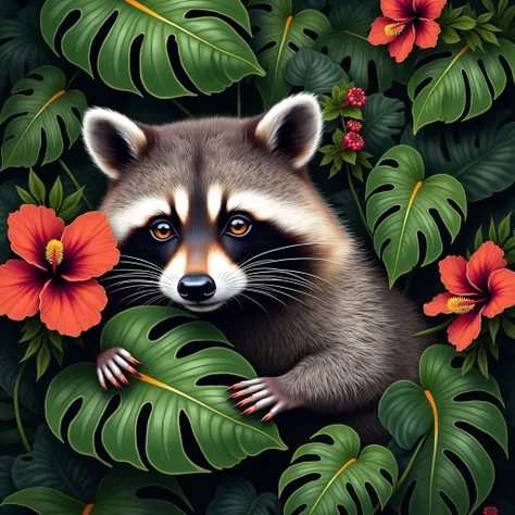 A seamless botanical pattern of shiny monstera leaves and beautiful blooming hibiscus flowers. Hyperrealistic. A raccoon with shiny fur sticks its head between the leaves and looks ahead, one front paw rests on a leaf. Hyperrealistic, fisheye effect. Brigh...