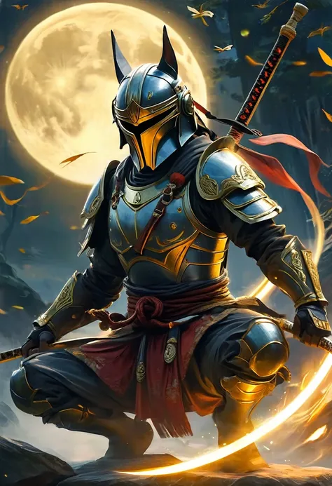  Mandalorian in black samurai armor with gold runes, wolf ears on a samurai helmet ,  in front of him, a golden laser katana flies in the air , meditates in the lotus position on a runic stone, there are lights around it, Night,  The Moon Overhead, jungle