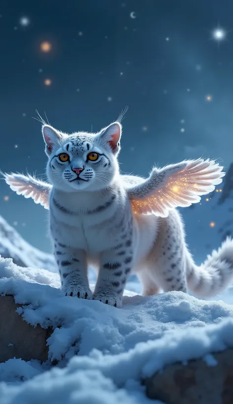 Visualize a celestial creature that resembles a cross between an owl and a snow leopard, set against a starlit, snowy mountainscape. This Starry Owlcat has a sleek, agile body covered in soft, silvery fur with subtle, galaxy-like patterns that sparkle with...