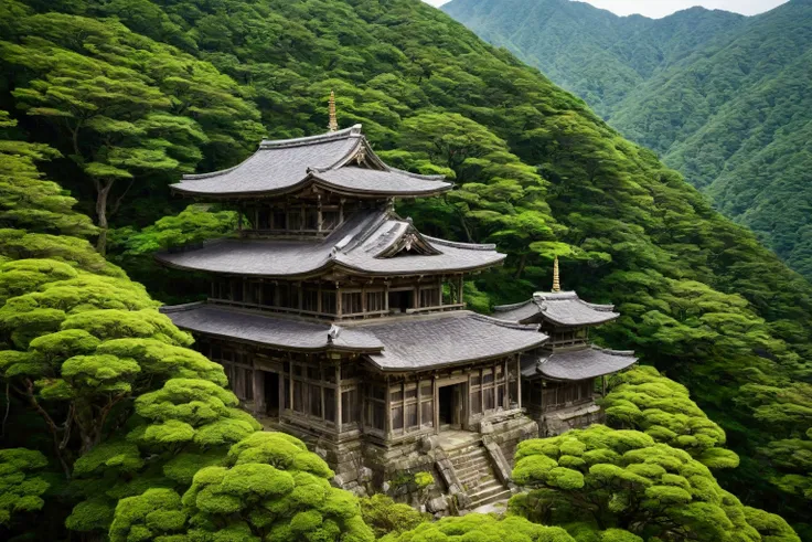 An old, dilapidated temple nestled deep in the mountains, Buddhism, Japan