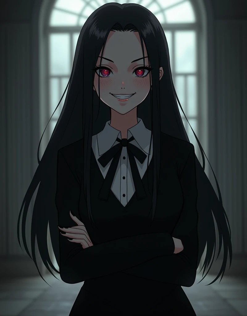 a devilishly smiling wednesday adams, gothic anime style, black dress, pale skin, dark eyeshadow, detailed facial features, flowing black hair, dark haunting atmosphere, dramatic lighting, moody colors, dramatic shadows, intricate background details, cinem...