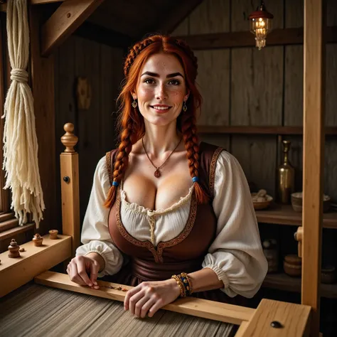 Photorealistic, cinematic style, a picture of a beautiful British woman dressed as a medieval peasant woman.  Shes sitting by the loom and weaving fabric. Hand crafter. Smiling.  Shes got brown eyes, downturned eye shape, light skin and freckles, long redd...