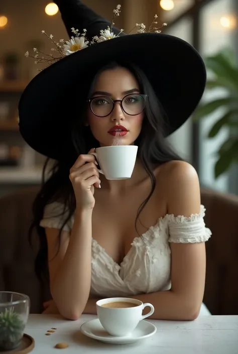  A girl in her 30s , with long hair, black and smooth,  black eyes , slender body, sexy,  prominent butt , thin red lips ,  crystalline glasses in the shape of a kitten with a beige border,  in a white dress ,  white witchs pointed hat with flowers , havin...