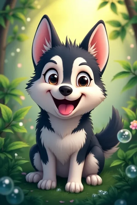 A cute lead husky, comic style,  close up of the face , portrait, leaves, No Man, Water, ampoules , Bubbles, More details,  saturated colors ,  charming smile ,  The best quality, 8K, high saturation