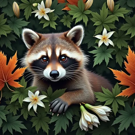 A seamless botanical pattern of shiny orange marple leaves and beautiful blooming white lilies flowers. Hyperrealistic. A raccoon with shiny fur sticks its head between the leaves and looks ahead, one front paw rests on a leaf. Hyperrealistic, fisheye effe...