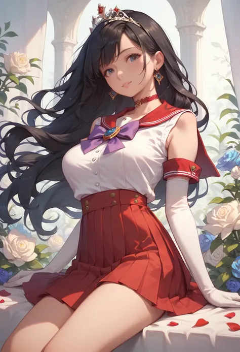 (score_8, score_8_up,masterpiece,highest quality, Perfect Anatomy, Exquisite detailed:1.3) (realistic:0.5) 1 girl, aamars, long hair, black hair, tiara, earrings, red choker, red sailor collar, purple bowtie, white shirt, elbow gloves, white gloves, pleate...