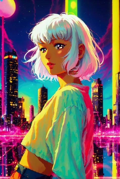 (80s, retro, city pop poster:1.5), (album cover), (anime, illustration), (masterpiece, best quality), (pastel neon tones:1.4), dynamic angle, perfect pose, white hair with side cut, solo character, intricate detailed eyes, soft and delicate features, high ...