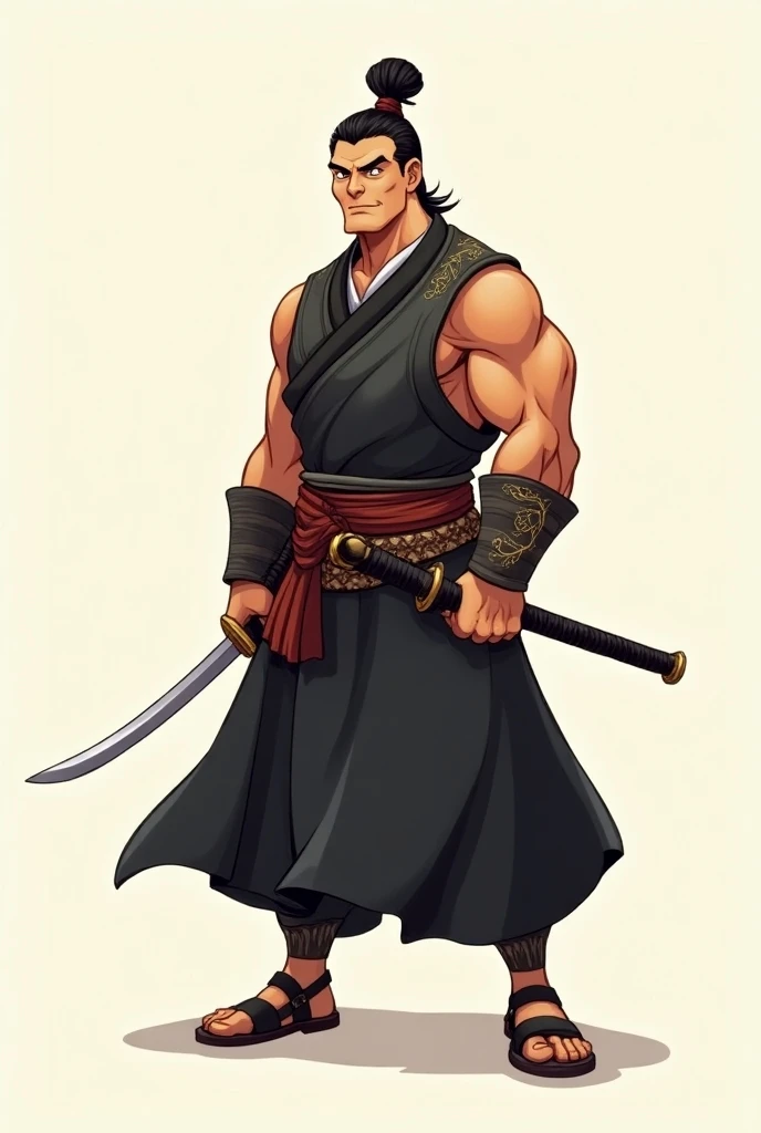 A Bhutanese warrior Jigme Namgyel wearing a black gho with a sword in cartoon character