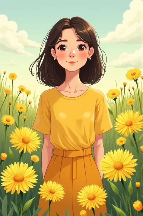 Cute woman standing in the field of Dandelion illustration should be used solid colour that can easily copied in hand drawing 