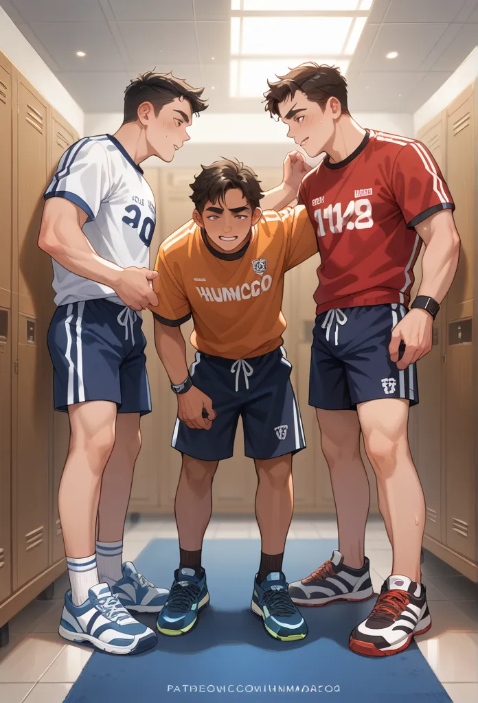 hunky latino soccer players creamy threesome with twink in the locker room