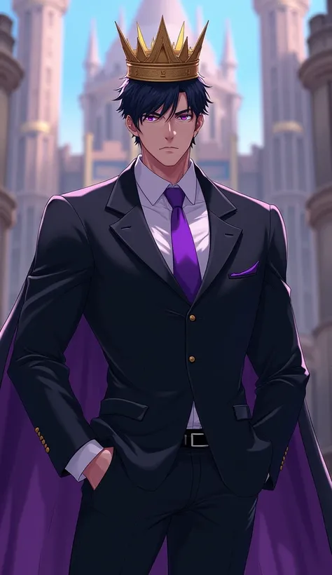 Adult male alone without company Short black hair not long White skin Eyes with intense purple irises Serious Wearing a black suit with purple details, with a white shirt and a purple tie With a golden crown on his head like a king Muscular In the backgrou...