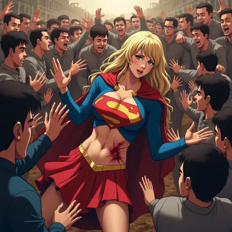  Supergirl。A horde of bandits 。 hordes of men attack her。She can touch her body。 she falls to the ground 。Hold her down。She looks aggrieved 。Shes full of wounds 。She can be touched by multiple hands。Men flocking to her body 。She is besieged。 she has a lot ...