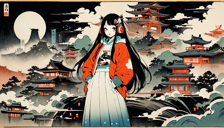 (((Ink Painting))), (((cyber city))), (((1 girl))), (((whole body))), (((Very flashy hair accessories))), (((Very flashy makeup))), Japanese style headphones, Japanese pattern hoodie, Put on the hood, Put your hands in your pockets, Beautiful Japanese wome...