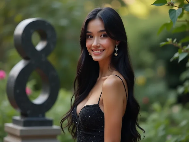    30-year-old woman Black hair    , violet eyes,  long fitted dress   ,  high resolution,  The best quality, detail,  long hair , breasts,     Half Moon Earrings   , smile  , realism,   hyperrealistic ,On the side a statue of a number 8 ,in a garden 