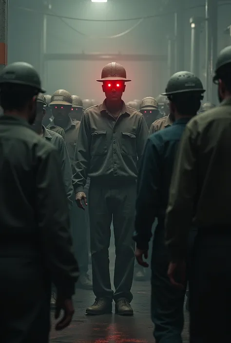 All the workers stand there. Only one man stands there with red eyes.