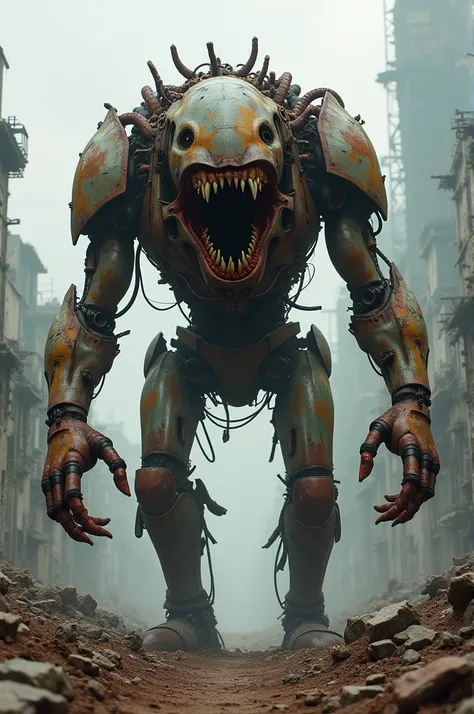 Cannibal Machine Hybrid: A terrifying fusion of flesh and metals, with the rotational muzzle of a tank serving as a mouth, lumbering through a tattered, apocalyptic landscape.